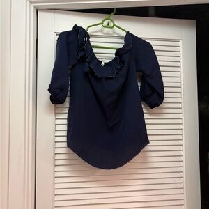 Joie Navy Ruffle Scoop-Neck Blouse